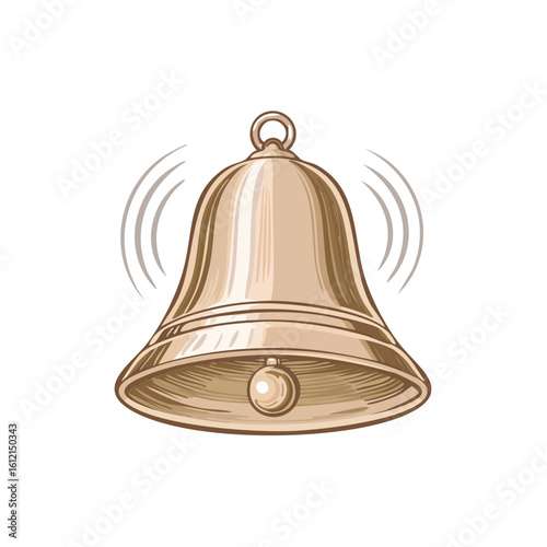 Golden bell ringing with sound waves illustration on black background design
