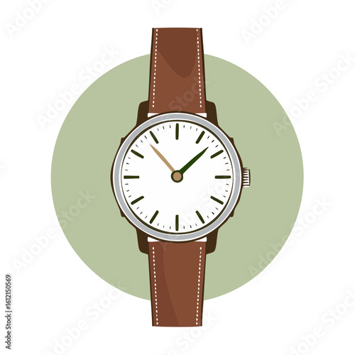 Classic wristwatch illustration, brown leather strap and silver casing against a light green circular background