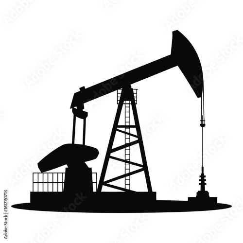 Silhouette of an oil pump jack working against a white background