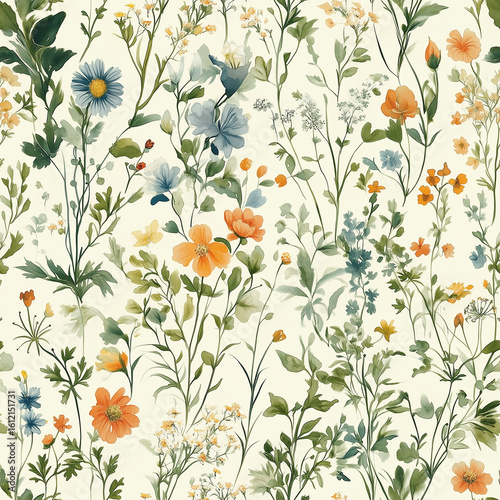 Colorful Floral Pattern With Diverse Blooms on a Light Background, Perfect fo...