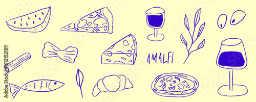 Amalfi italian sketch food blue color. Mediterranean sketch food with pizza and pasta trendy style. Amalfi outline italian doodle design.