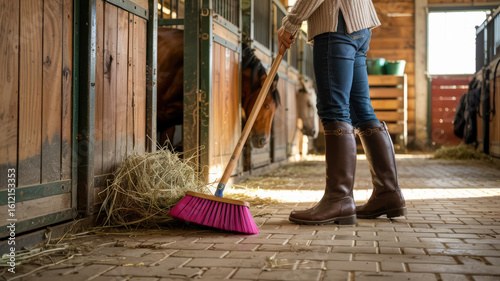 Cleaning Horse Stable with Broom