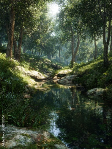 A lush green forest with a stream running through it
