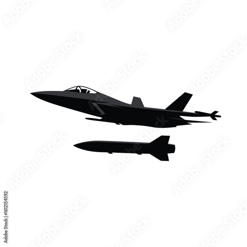 Silhouette of a modern fighter jet with a missile