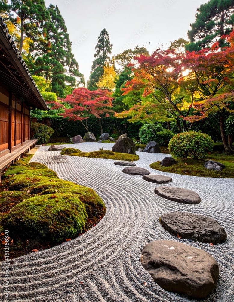 Fototapeta premium japanese zen garden with raked gravel patterns and moss-covered stones, soft natural light emphasizing tranquility, minimal design for peaceful meditation and contemplative landscapes