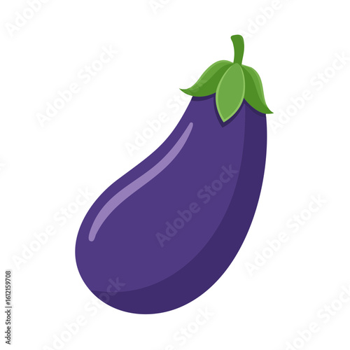 Illustration of a single purple eggplant with green leaves on a black background.
