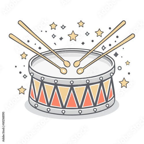 Cartoon drum with drumsticks and stars, a festive musical instrument illustration for celebration themes