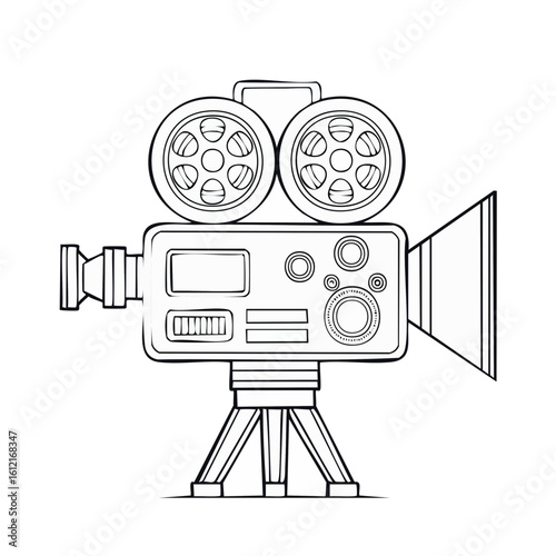 Vintage Film Camera Outline on Tripod Black Background Cinema Equipment Vector Graphic