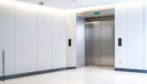 Minimalist elevator lobby with sleek finishes and natural lighting.