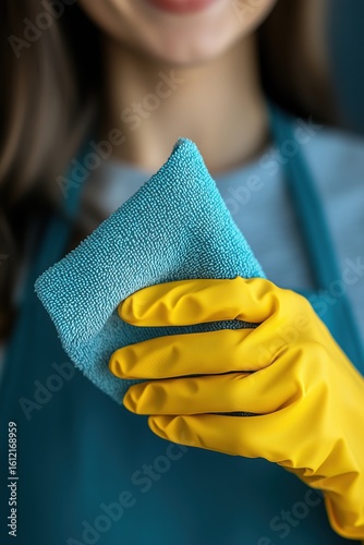 Professional cleaner wearing yellow gloves holding blue microfiber cloth and smiling, ready for household chores and domestic cleaning services
