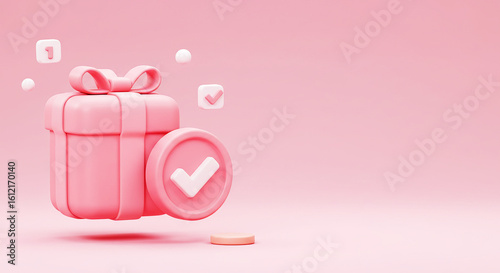 3D Illustration of a Floating Pink Gift Box with White Ribbon and a Round Check Mark Icon Representing Successful Delivery Reward Achievement Gift Selection Verified Purchase and Special Events