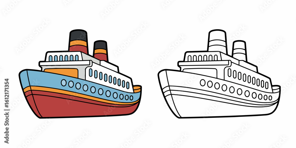 Obraz premium Red blue orange cruise ship with smokestacks transportation