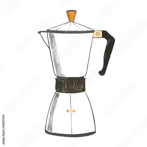 Hand-drawn illustration of a moka pot coffee maker in vintage sketch style with wooden knob and black handle. Elegant retro kitchen appliance concept for home brewing, cafe menu design, and coffee cul