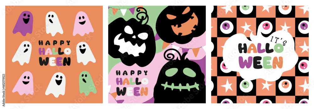 Obraz premium it's halloween square set of cards, posters, invitation, seamless pattern checkered, autumn eve template vector illustration