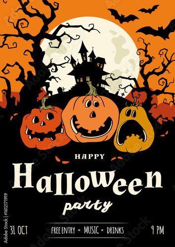 happy halloween haunted house  and pumpkin vertical poster, card, invitation, autumn eve cover, template, vector