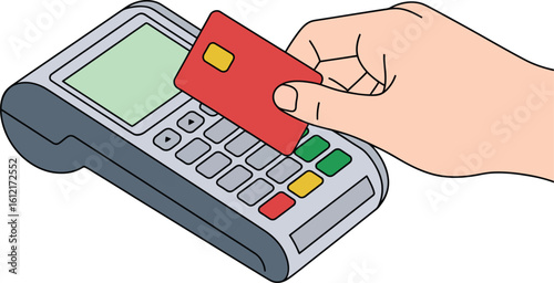 Seamless cashless payment with red credit card and modern POS terminal for secure transactions