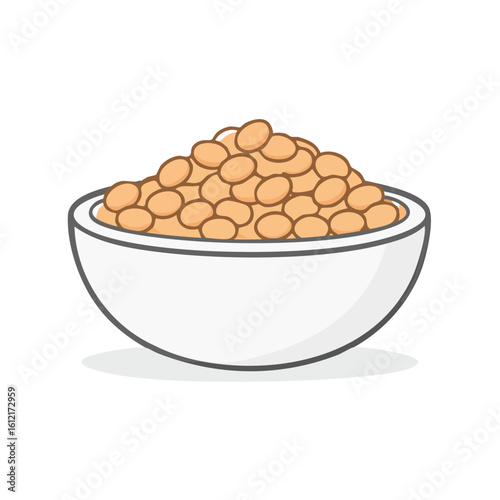 Bowl overflowing with tan beans, simple cartoon illustration style on black background
