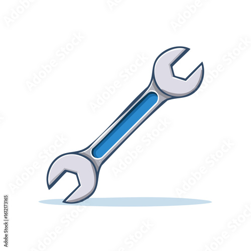 Illustration of a metallic wrench tool for repair maintenance mechanical work or plumbing with blue handle on dark background