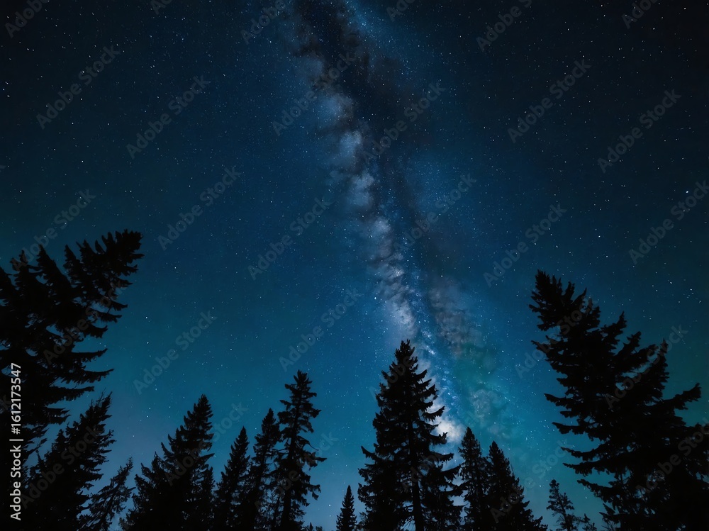 Naklejka premium Deep Blue Starry Night Sky With Silhouettes of Pine Trees