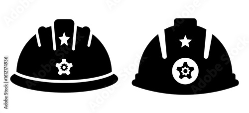 Patriotic USA Labor Day Helmet Icon Set with Gear and Star Overlay – Flat Industrial Vector Illustration of Hard Hat with Engineering Symbols on White Background for Holiday, Safety, and Worker Themes