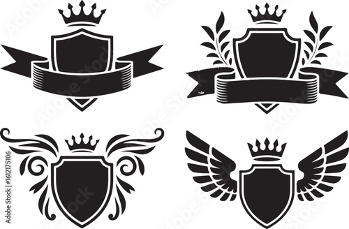 Heraldic Shields With Crowns Ribbons and Wings heraldry