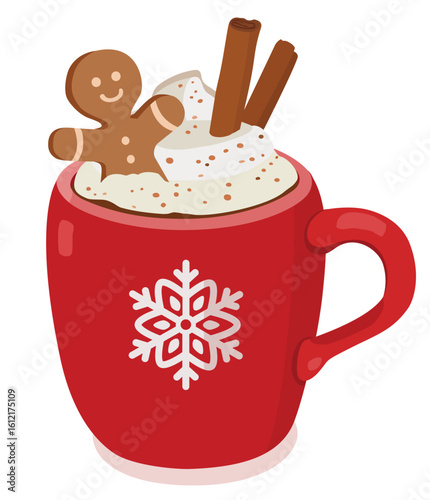 xmas cup of coffee, hot chocolate with gingerbread man cookie. Christmas drink.