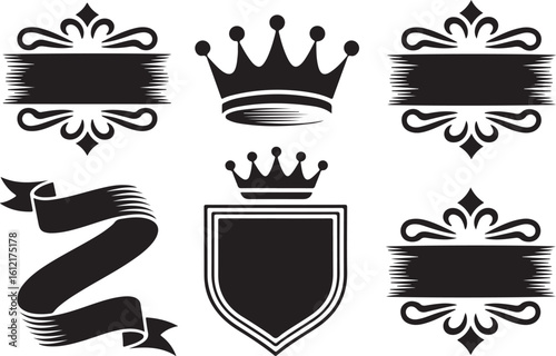 Ornate crests crowns and banners black graphic elements ribbon shield