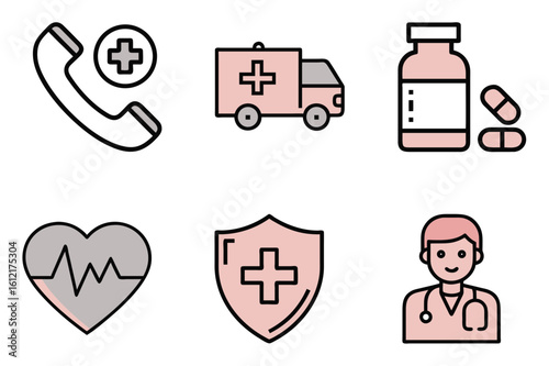 Pastel medical icon set with emergency phone, ambulance, pill bottle, heart with ECG, health shield, and doctor avatar. Flat line style, concept for healthcare, emergency services, telemedicine, and p