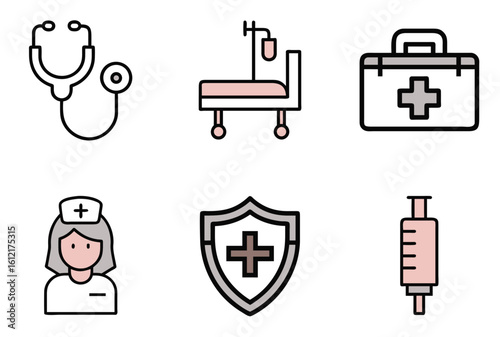 Pastel medical icons set with stethoscope, hospital bed, first aid kit, nurse avatar, health shield, and syringe. Flat line style, concept for healthcare, nursing services, vaccination, and medical ca