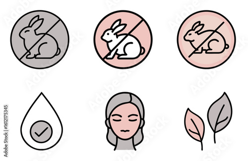 Cosmetic icon set showing cruelty-free signs with rabbits, vegan leaf symbol, natural oil drop, and female face. Minimalist flat design for skincare, eco-friendly beauty, ethical products, and wellnes