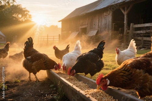 Chickens pecking grain in rustic farmyard at sunrise
