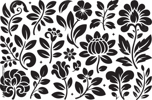 Black floral botanical elements with leaves and swirls vector
