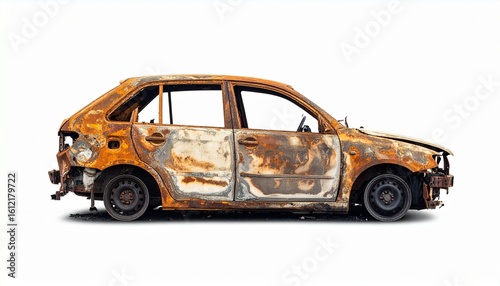 Abandoned hatchback overtaken by rust and decay, stripped of windows and air, its deflated tires anchored in silence—evoking ruin, nostalgia, and gritty realism in a post-urban aesthetic.