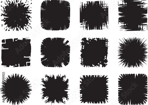 Black abstract shapes with jagged edges and distressed textures grunge