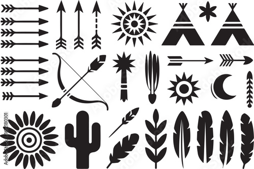 Native American tribal icons arrows teepees sun moon cactus feathers vector