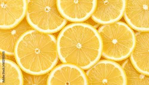A bright and sunny close-up of an arrangement of numerous thin slices of yellow lemons.