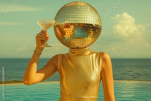 Celebratory moment with a disco ball head and cocktail by a serene ocean view at sunset