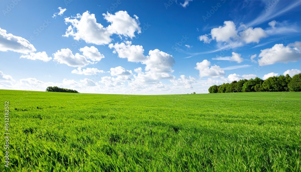 Fototapeta premium Expansive green field under a bright blue sky with scattered clouds, framed by distant trees—evoking natural serenity, agricultural openness, and outdoor vitality.
