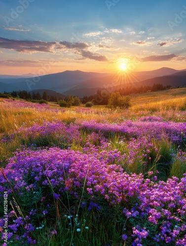 Captivating panoramic sunset over a field of purple wildflowers and grass, with the golden sun casting a vibrant glow on the picturesque landscape