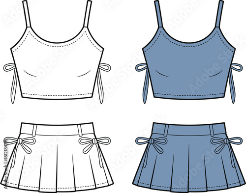cad drawing flat vector illustration, fashion crop top and pleated skirt set, bow tie detail, front and back view, outfit design sketch