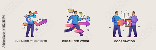 Set of illustrations concept with businessmen. Workflow, growth, graphics. Business development, milestones. linear illustration Icons infographics. Landing page site print poster