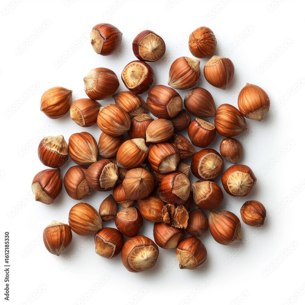 Obraz premium Shelled hazelnuts forming a pile on a white background
