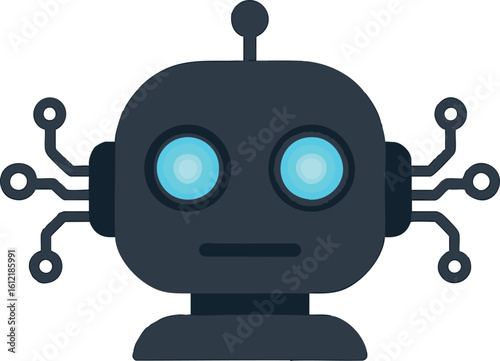 Flat vector robot head with glowing eyes and circuits, futuristic AI design, isolated on white