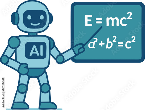 Flat vector robot teacher pointing at digital board with equations, AI in education, isolated on white
