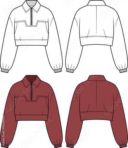 technical flat vector, cropped half-zip pullover front and back, women’s sweatshirt with collar, fashion CAD, jumper sketch