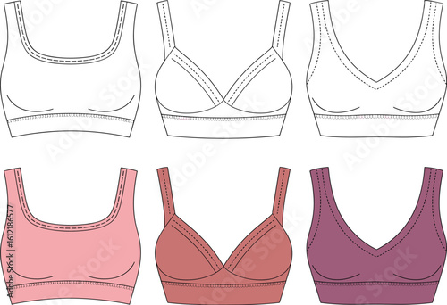 cad drawing flat vector illustration, women's sports bra template, technical fashion sketch, activewear bra front view, lingerie design, padded sportswear