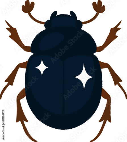 Flat vector scarab beetle with shining dark shell and symmetrical limbs, vector-friendly, isolated on white