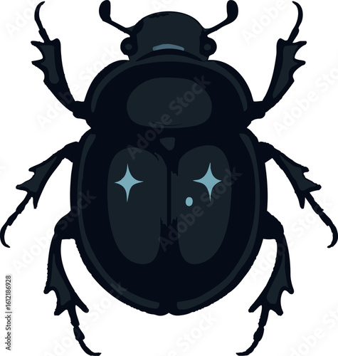 Flat vector scarab beetle with shining dark shell and symmetrical limbs, vector-friendly, isolated on white