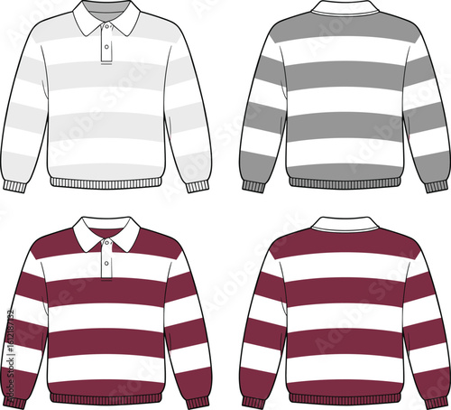 Rugby shirt cad front and back, digital striped polo vector, men’s long sleeve tech flat, pullover rugby fashion sketch