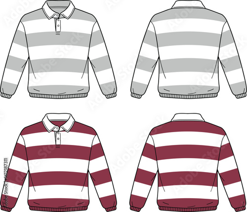 Striped rugby shirt cad, men’s long sleeve polo vector, front and back tech flat, collegiate sweater sketch, digital fashion illustration